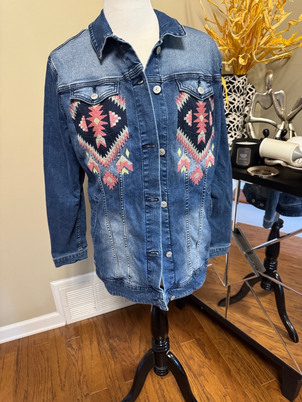 LuLaRoe Denim Jacket with Pink & Navy Embroidery Size XL NWT